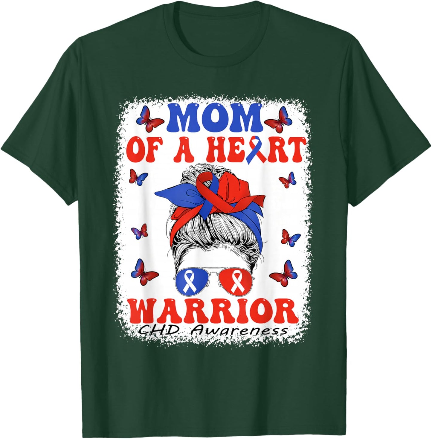 Mom of a Heart Warrior Heart Disease Awareness CHD Messy Bun T-Shirt - T-Shirt | Forest