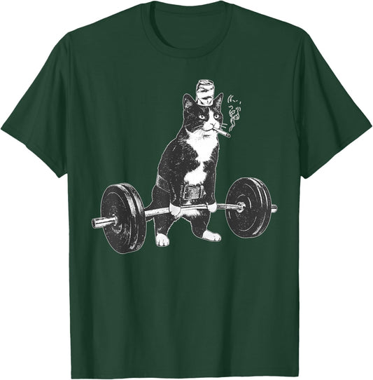 Weightlifting Tuxedo Cat Vintage Kitten Smoking Cigarette T-Shirt - T-Shirt | Forest