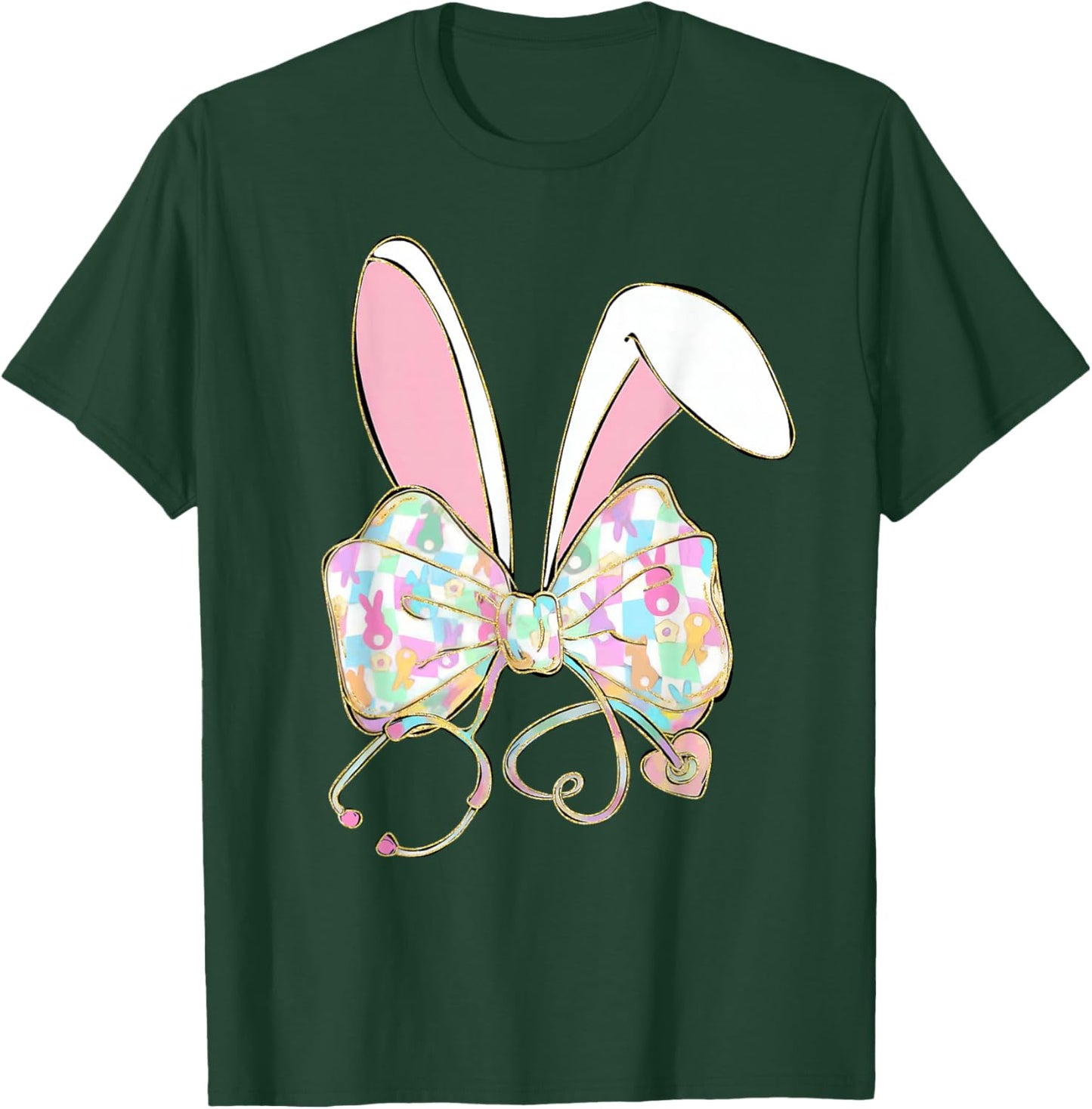 Nurse Stethoscope Coquette Bow Funny Bunny Eggs Happy Easter T-Shirt - T-Shirt | Forest