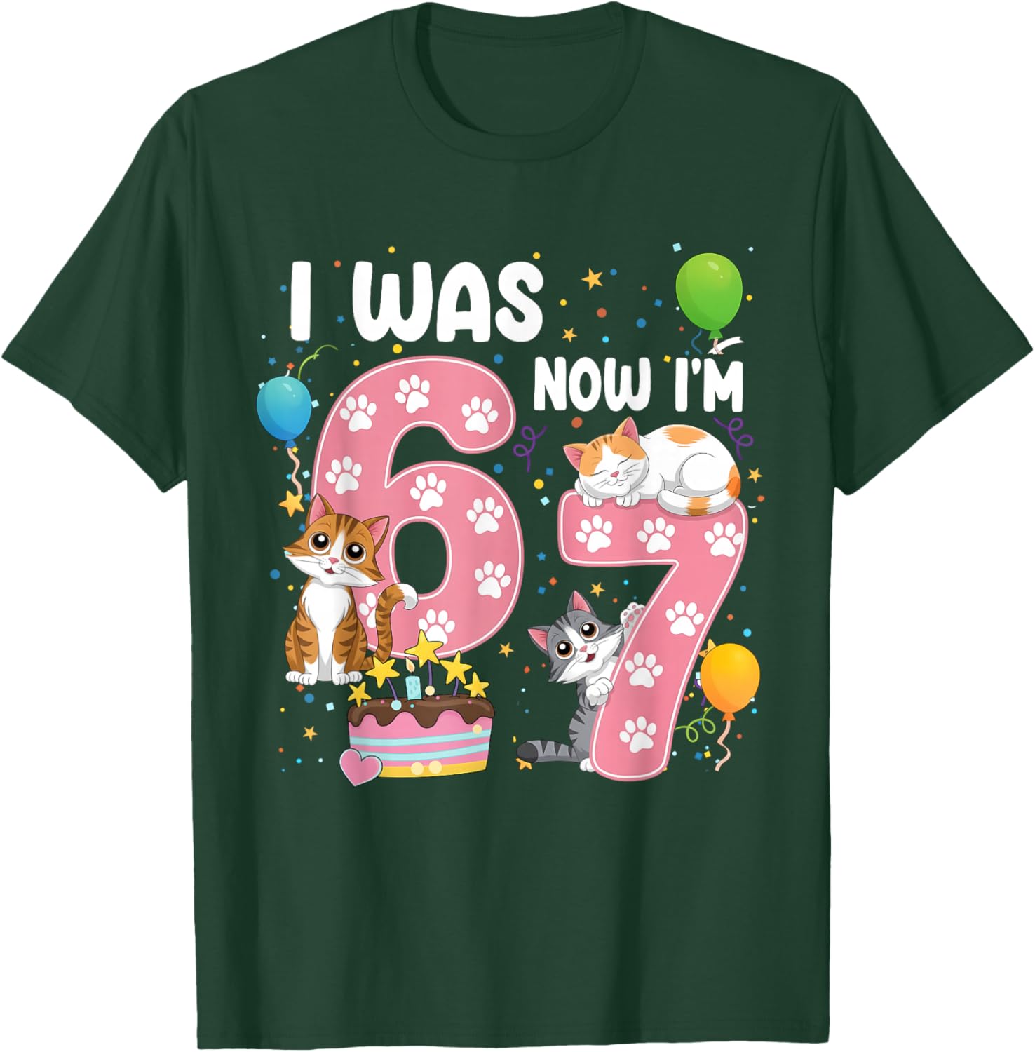 I was 6 Now I'm 7 Kids 7th Cat Birthday Girl Cute Cat Kitten T-Shirt - T-Shirt | Forest