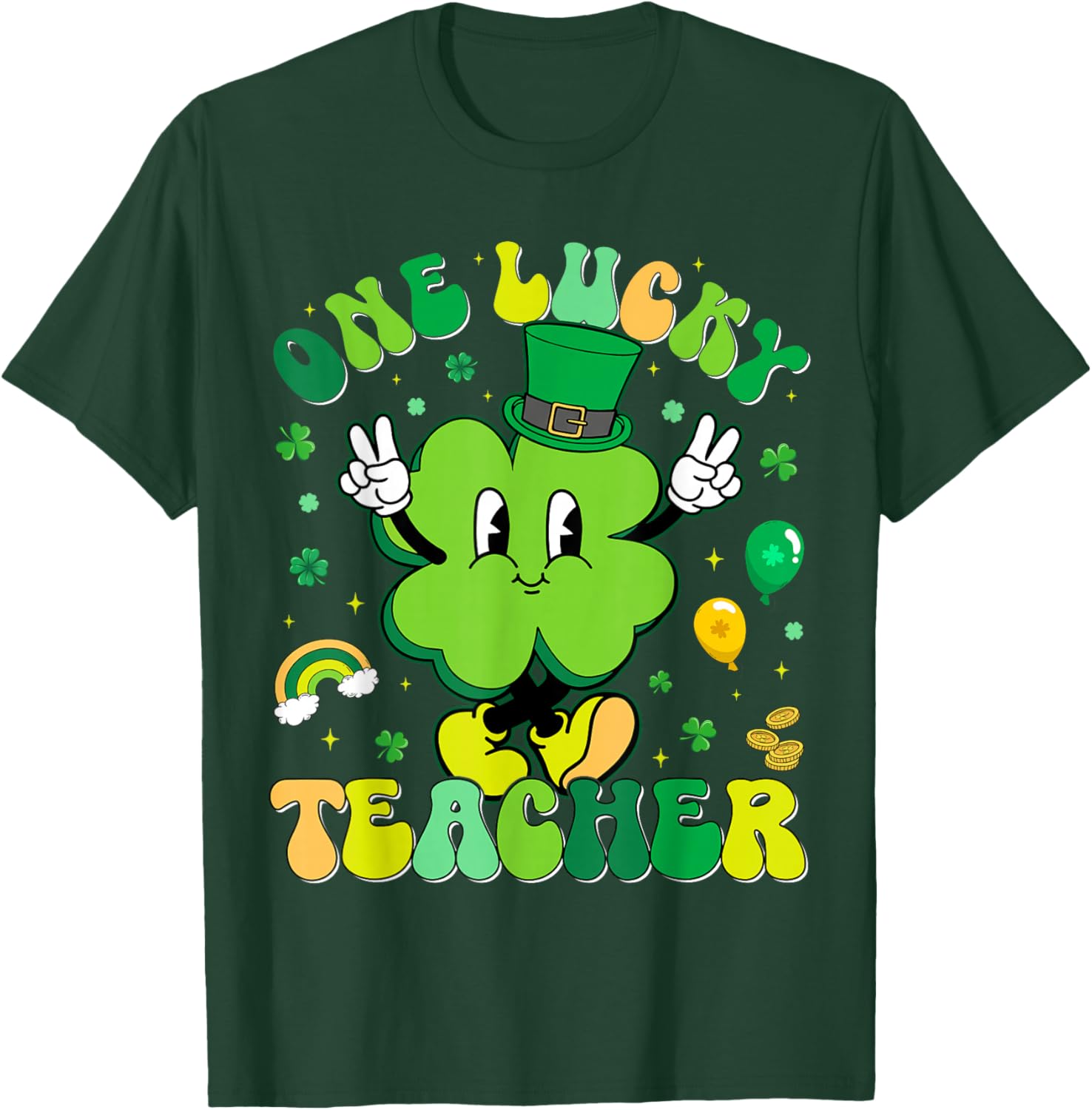 One Lucky Teacher Shamrock Retro Funny St Patricks Men Women T-Shirt - T-Shirt | Forest
