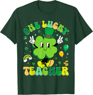 One Lucky Teacher Shamrock Retro Funny St Patricks Men Women T-Shirt - T-Shirt | Forest
