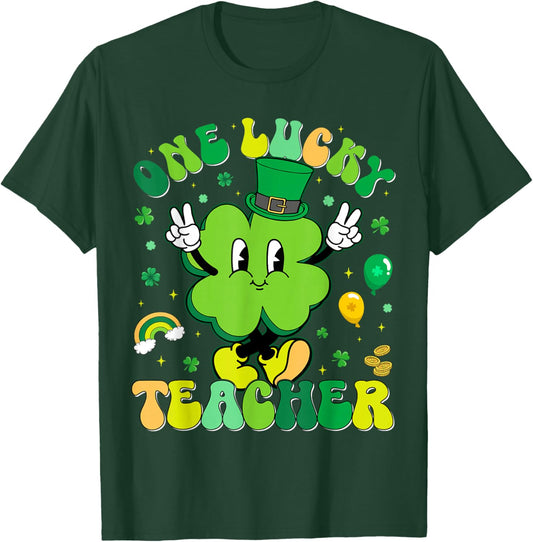 One Lucky Teacher Shamrock Retro Funny St Patricks Men Women T-Shirt - T-Shirt | Forest