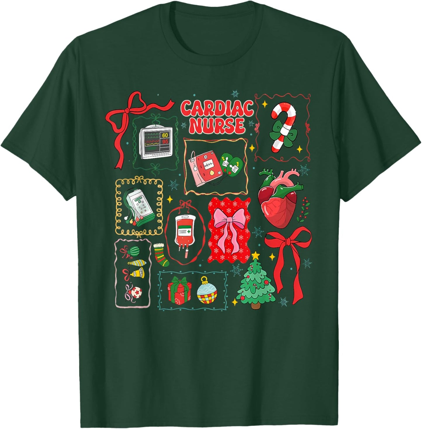 Stamp Bow Christmas Cardiac Nurse Heart Anatomy CVICU Crew T-Shirt - T-Shirt | Forest