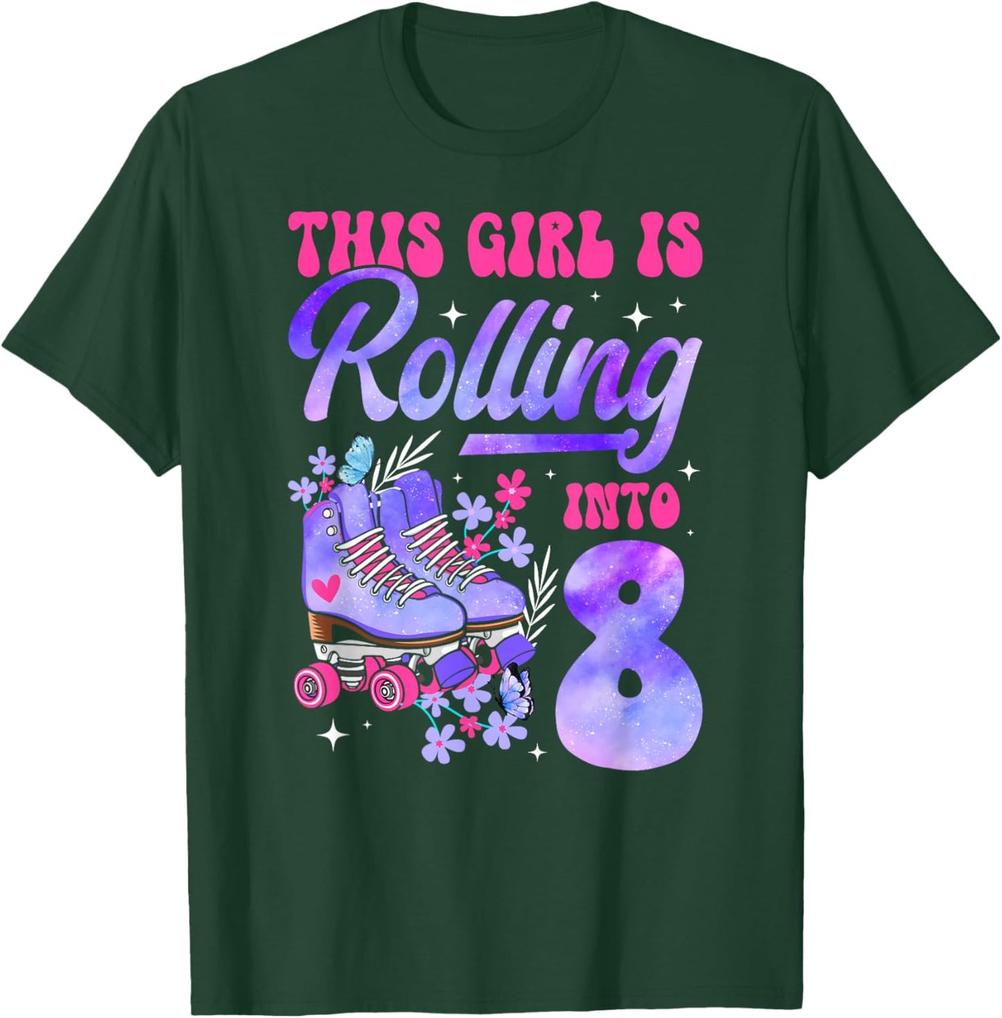 8th Roller Skate Birthday Eight Year Old Roller Skating Girl T-Shirt - T-Shirt | Forest