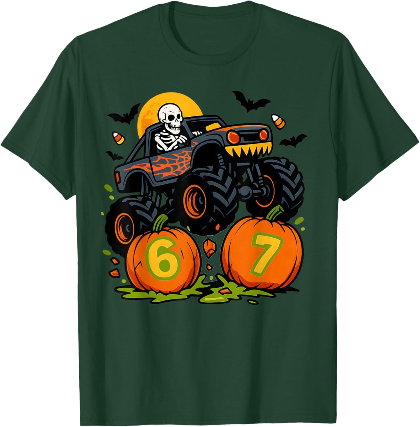 67 Halloween Monster Truck Skeleton Six Seven Meme Boys Kids T-Shirt - T-Shirt | Forest