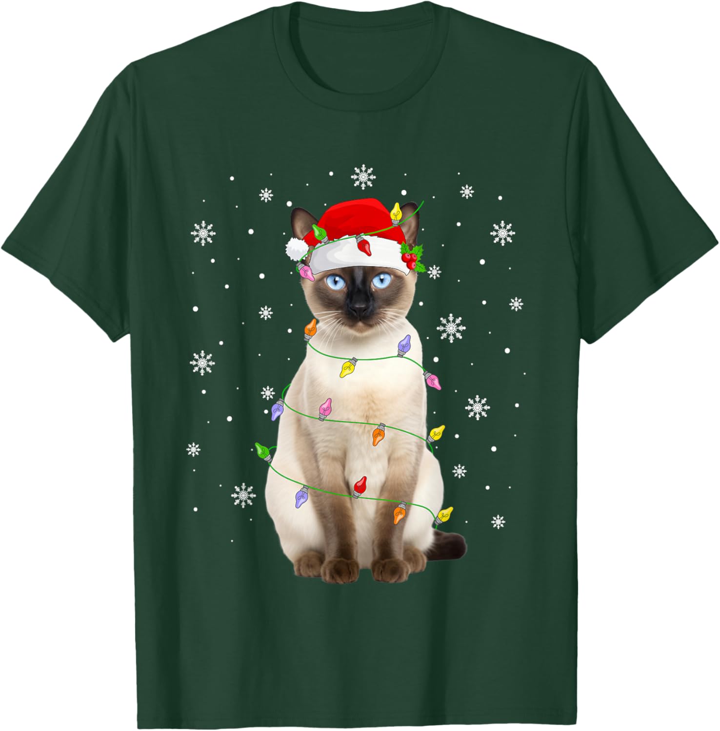 Siamese Cat Christmas Lights Funny Santa Hat Cat Lover Xmas T-Shirt - T-Shirt | Forest