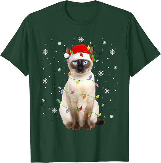 Siamese Cat Christmas Lights Funny Santa Hat Cat Lover Xmas T-Shirt - T-Shirt | Forest