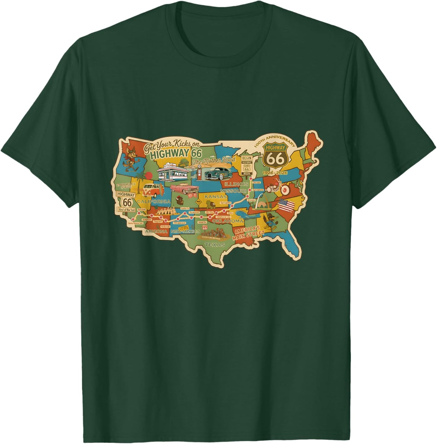 100th Anniversary Americana Highway Travel Map 1926 2026 T-Shirt - T-Shirt | Forest