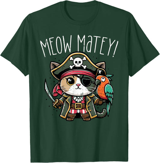 Pirate Cat Meow Matey Cute Kitten Kitty Girls Kids Women T-Shirt - T-Shirt | Forest