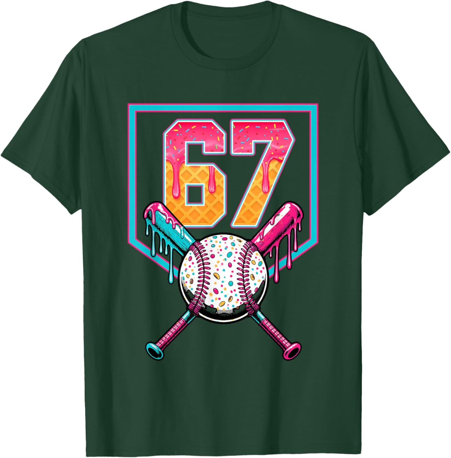 Baseball Ice Cream Drip Number 67 Player 67th Birthday Men T-Shirt - T-Shirt | Forest