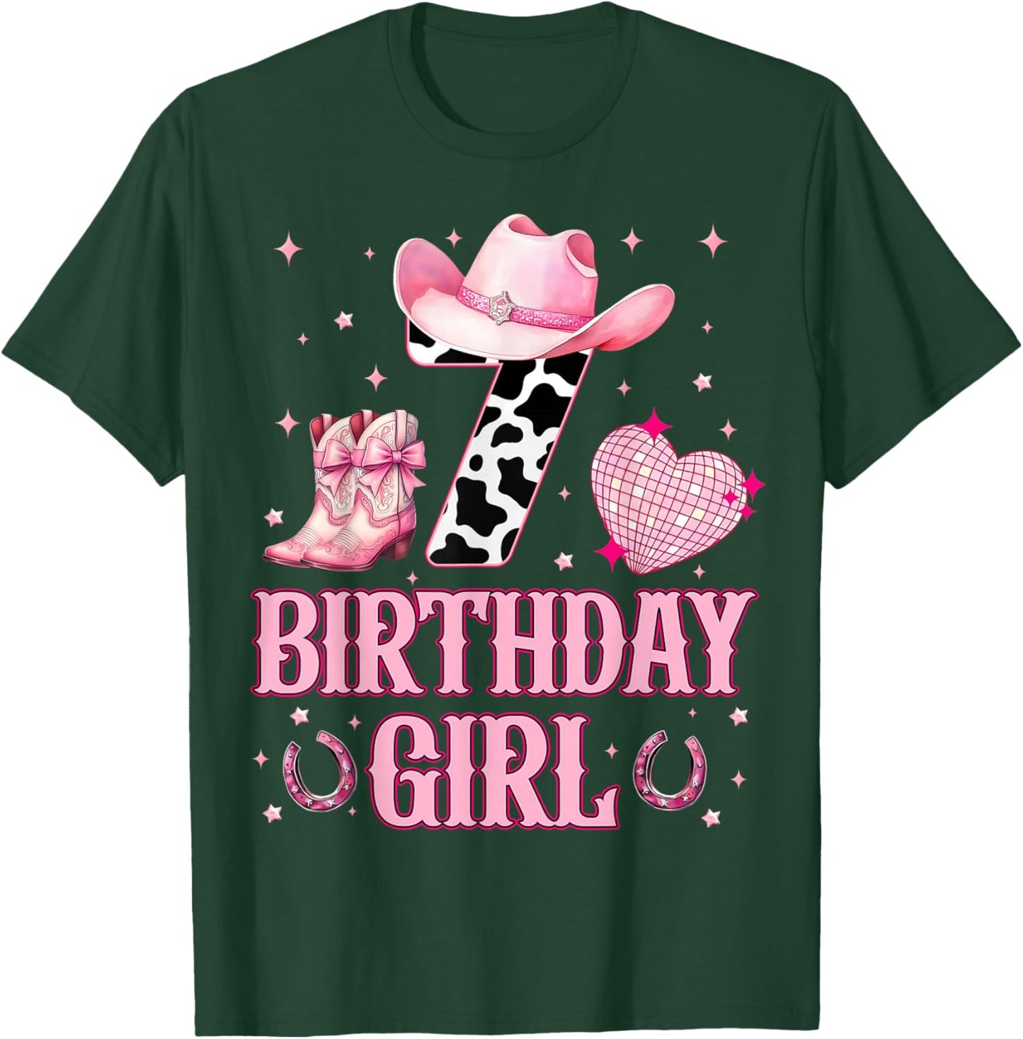 Kids 7th Birthday Girl Western Cowgirl Boots Hat 7 Year Old T-Shirt - T-Shirt | Forest