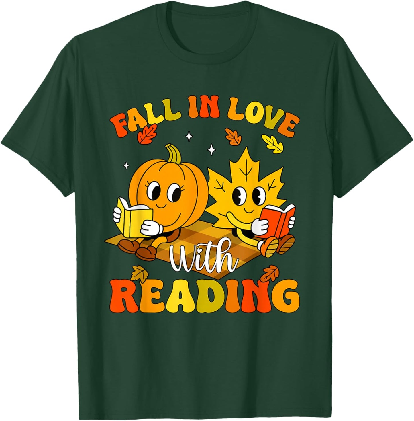 Retro Fall in Love with Reading Autumn Leaf Pumpkin Teacher T-Shirt - T-Shirt | Forest