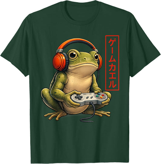 Japanese Gamer Frog Art Men Women Boys Funny Vintage Gaming T-Shirt - T-Shirt | Forest