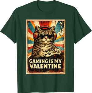 Gaming is My Valentine Chill Cat Retro Gamer Valentines Day T-Shirt - T-Shirt | Forest