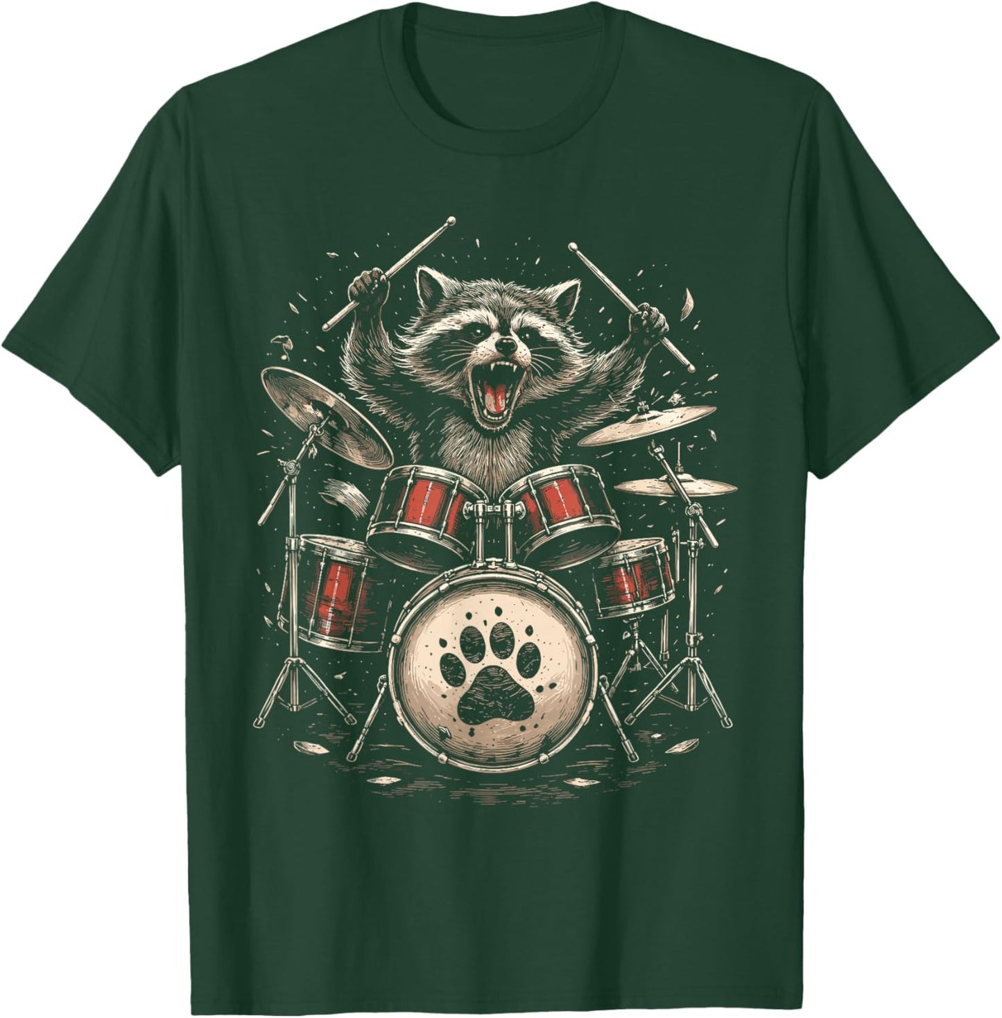 Raccoon Drummer Rock Band Animal Graphic T-Shirt - T-Shirt | Forest
