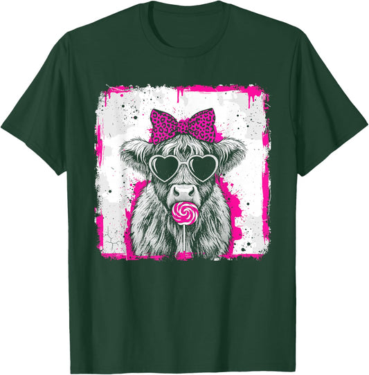 Women Girls Vintage Cute Lollipop Highland Cow Bow Valentine T-Shirt - T-Shirt | Forest