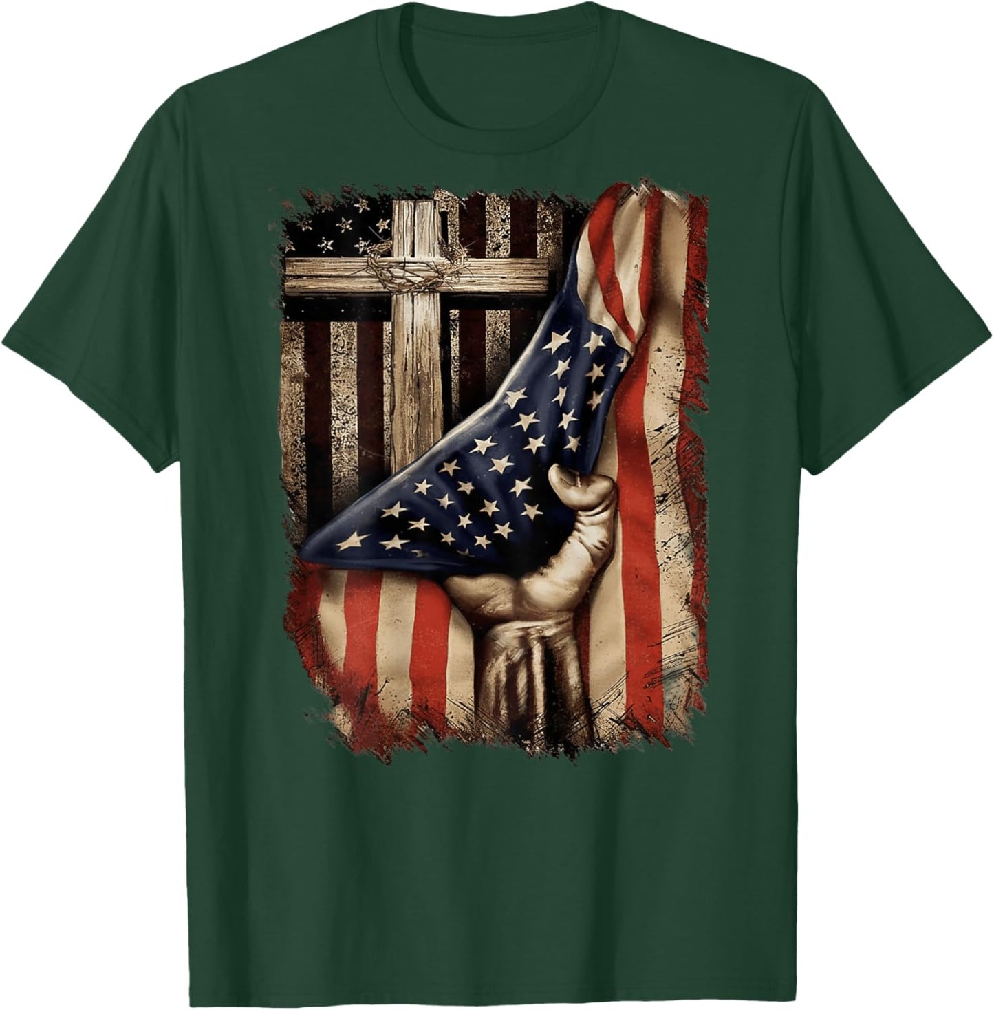 American USA Flag Christian Cross Patriotic (On Back) T-Shirt - T-Shirt | Forest