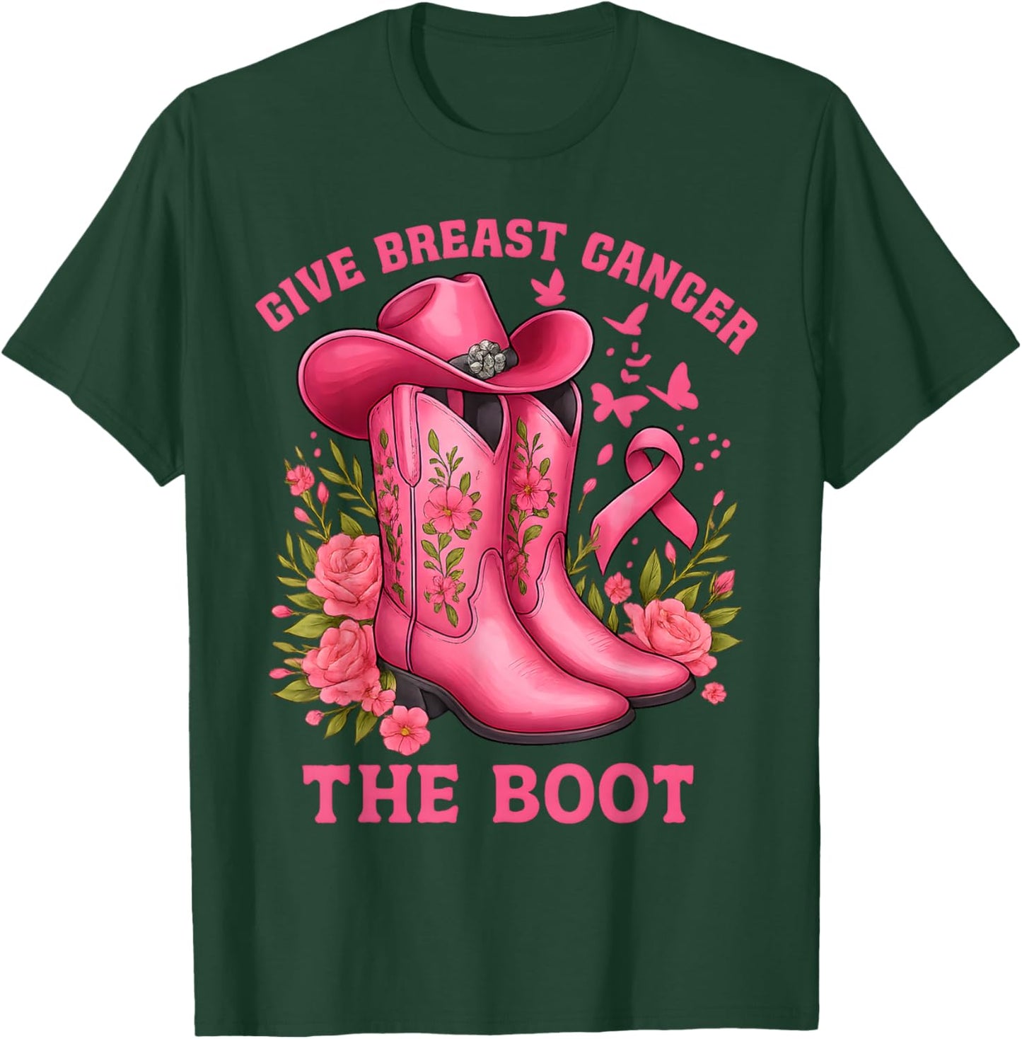 Give Breast Cancer The Boot Cowgirl Cancer Awareness Ribbon T-Shirt - T-Shirt | Forest