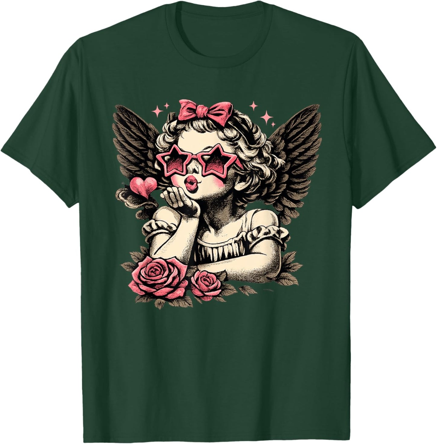 Retro Valentine Day Cute Vintage Cupid Blowing Kiss Star T-Shirt - T-Shirt | Forest