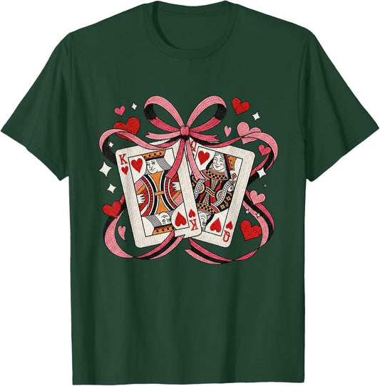 King and Queen Hearts Playing Cards Bow Valentine Men Women T-Shirt - T-Shirt | Forest