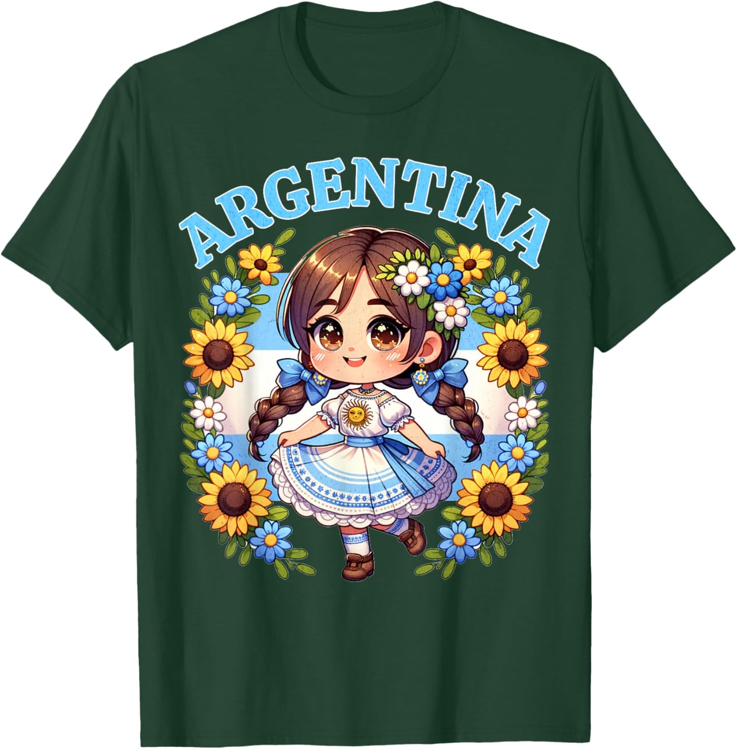 Cute Argentina Girl Traditional Dress with Sunflowers Kids T-Shirt - T-Shirt | Forest