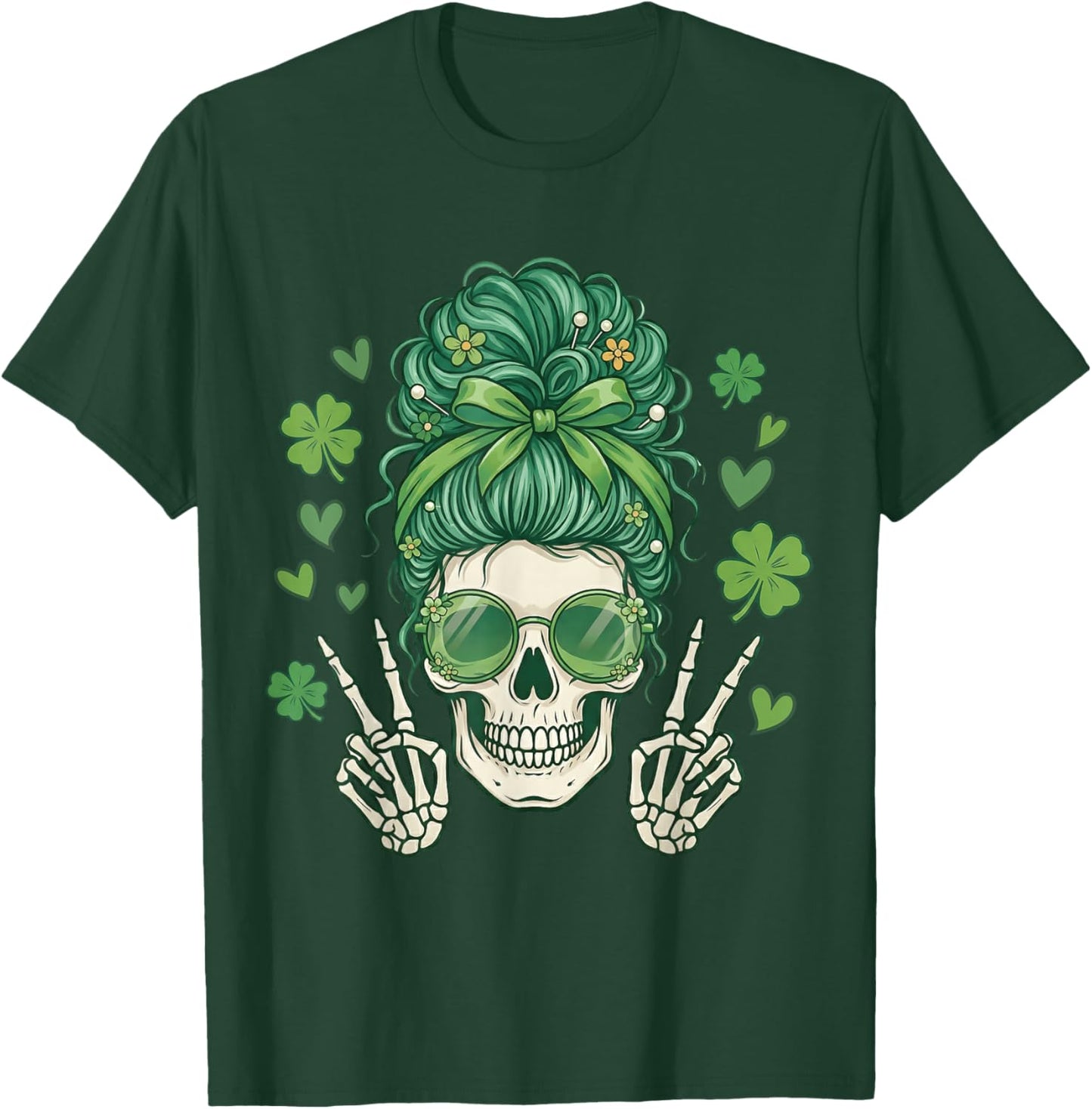 Messy Bun Skull St Patricks Day Women Girl St Paddys Pattys T-Shirt - T-Shirt | Forest