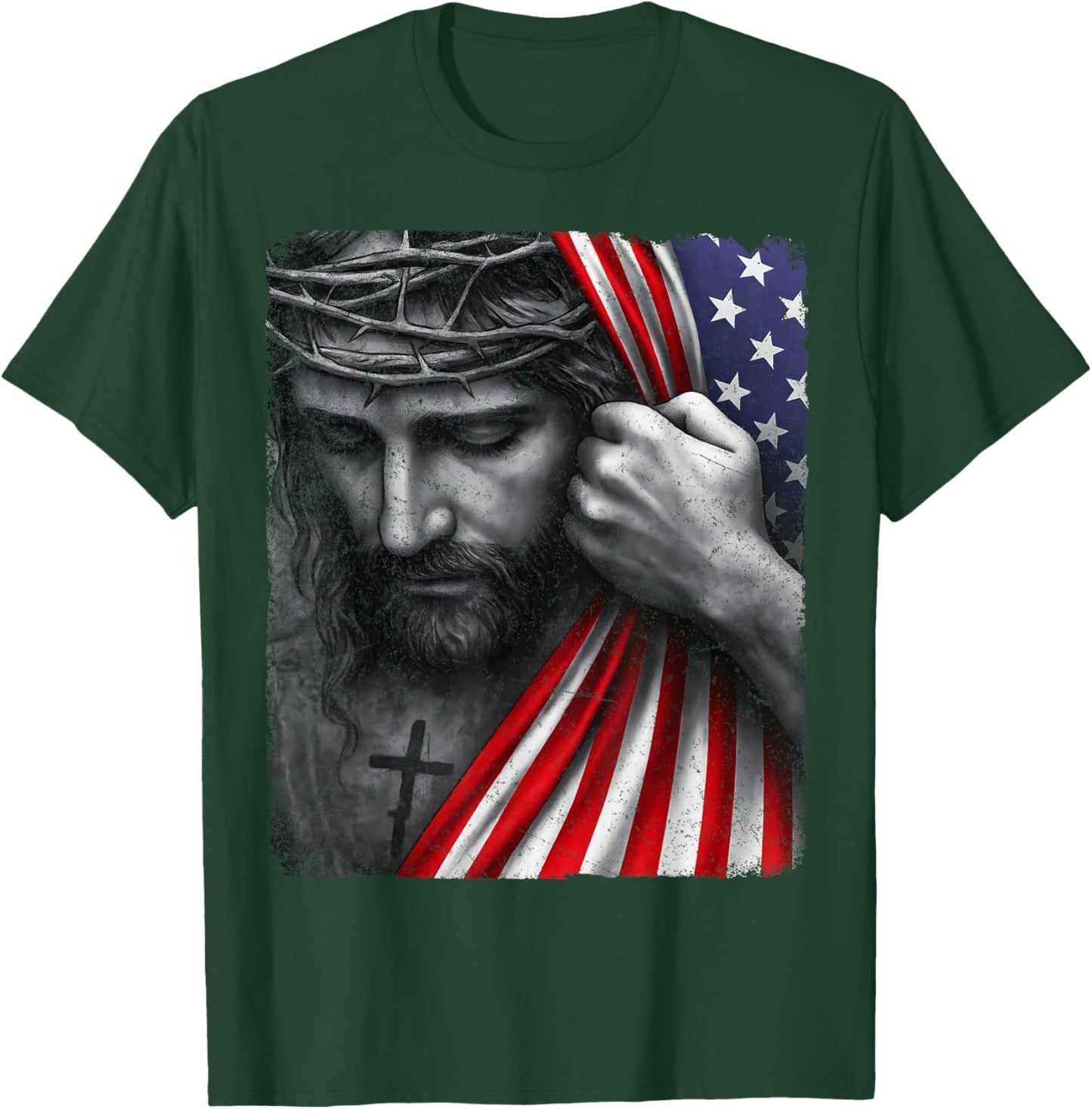 Jesus Faith Cross Crown America Patriotic Heritage Flag T-Shirt - T-Shirt | Forest