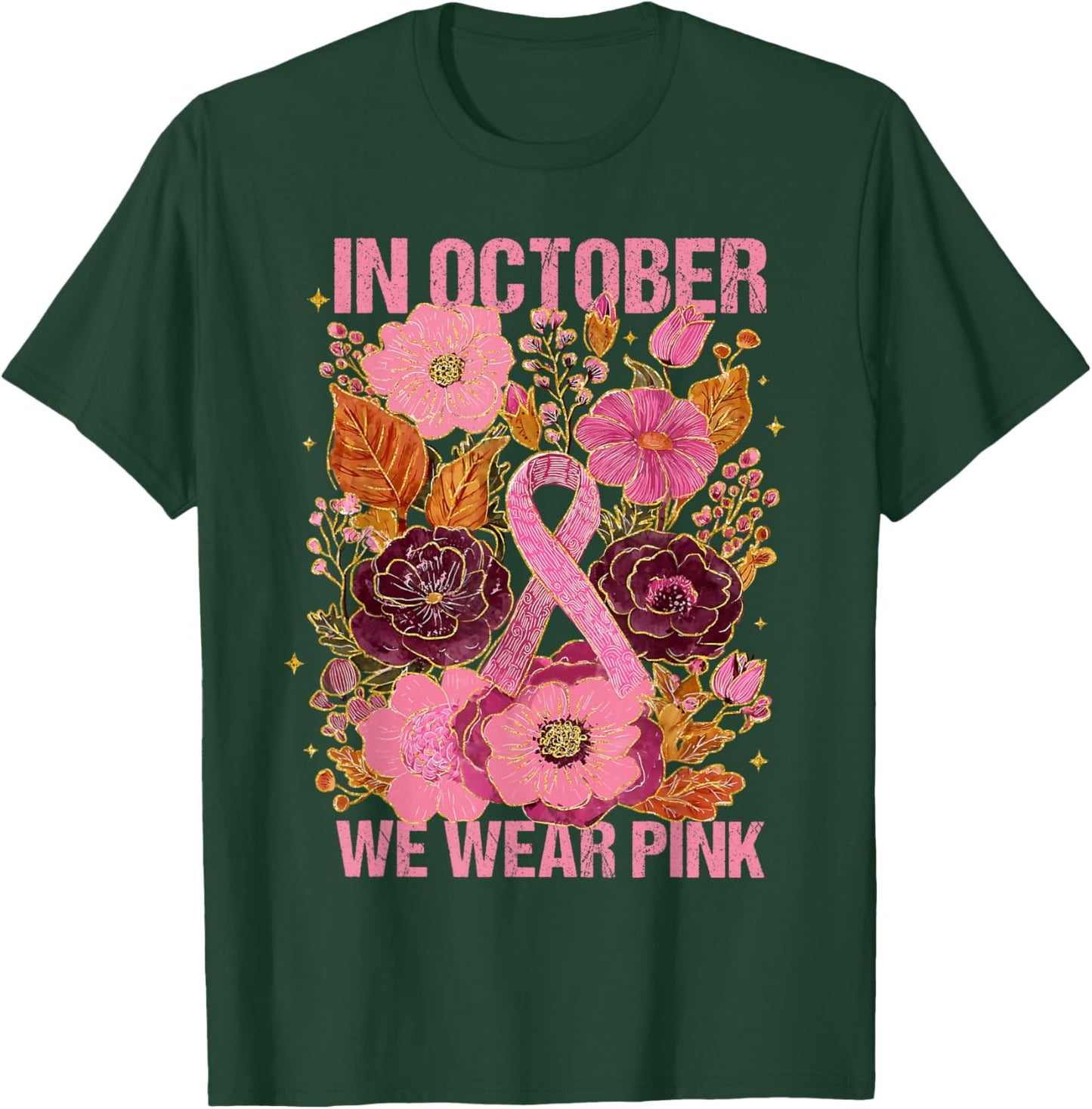in October We Wear Pink Boho Breast Cancer Pink Ribbon Women T-Shirt - T-Shirt | Forest