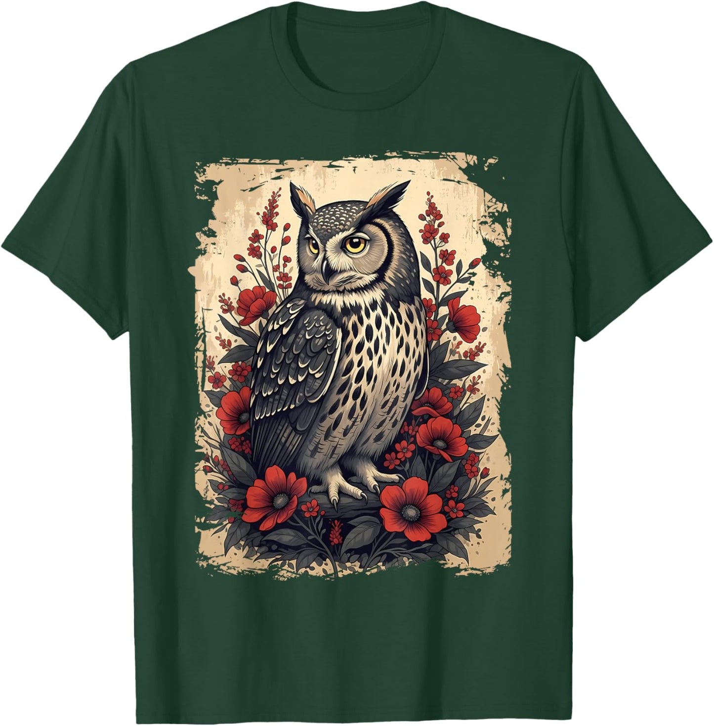 Gothic Owl Rose Enchanted, Vintage Floral Owl Nocturnal Bird T-Shirt - T-Shirt | Forest