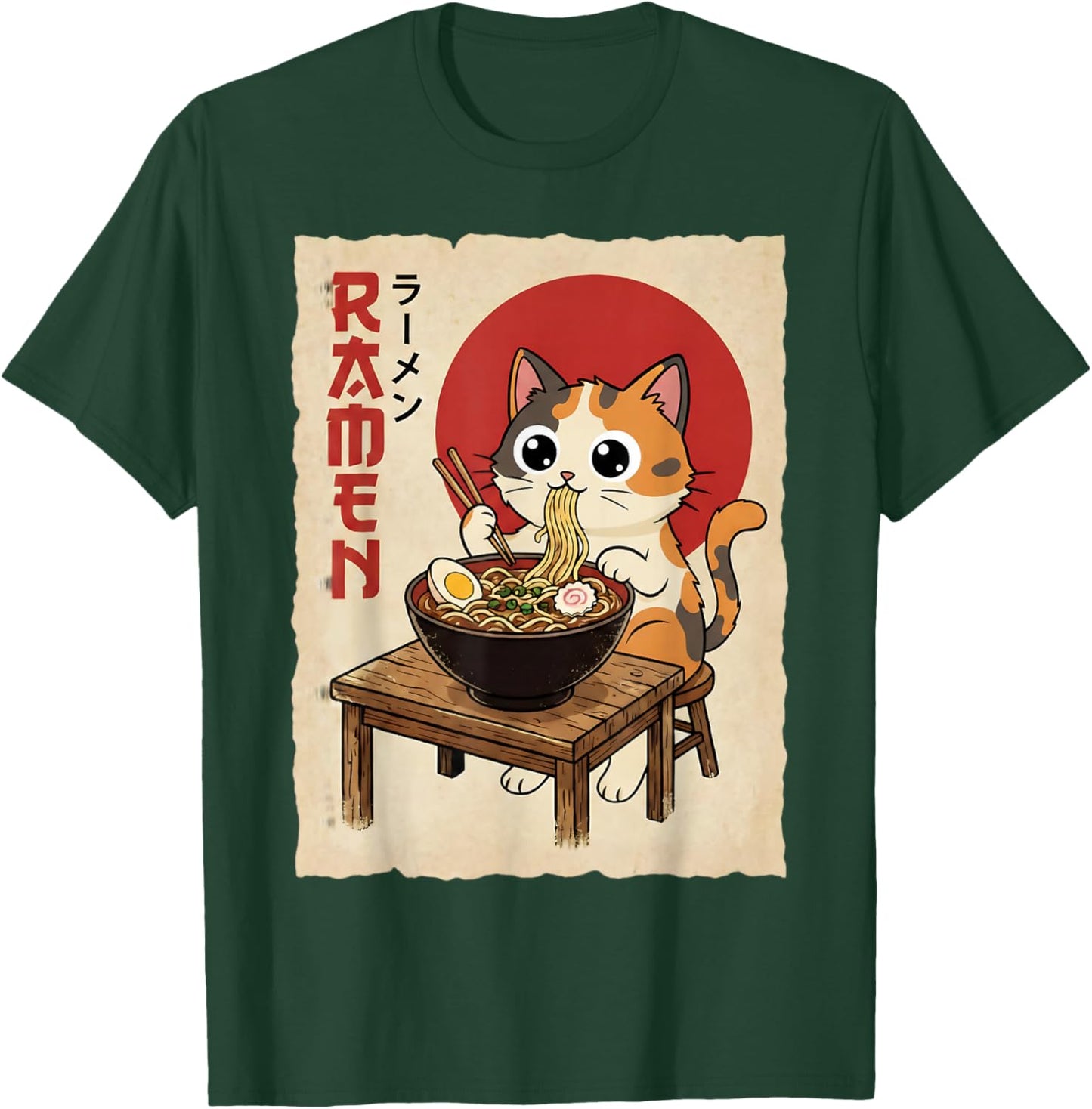 Anime Calico Cat Eating Noodles Funny Kawaii T-Shirt - T-Shirt | Forest