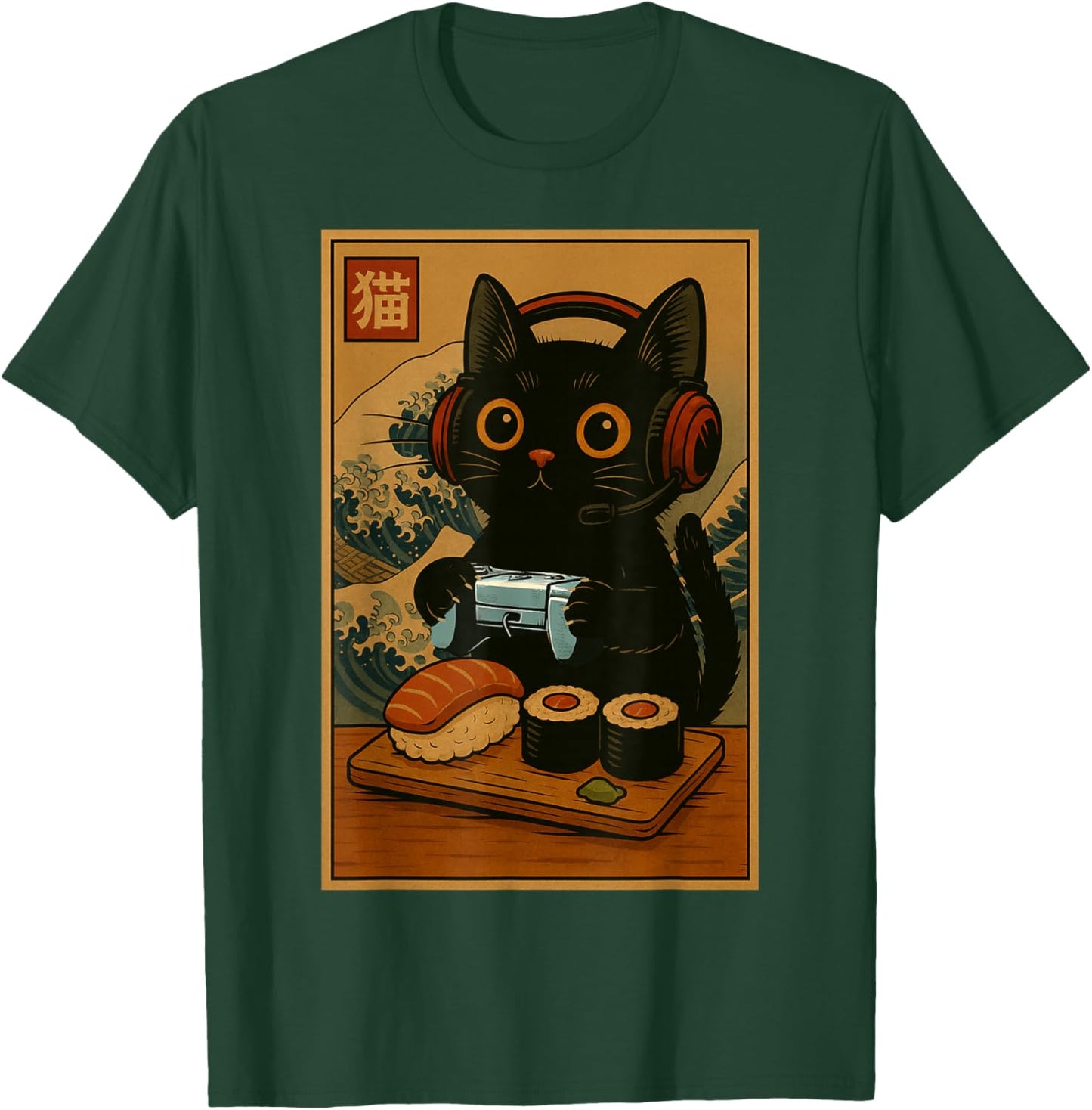 Cute Kawaii Gamer Cat Funny Sushi Retro Japanese Cat Gaming T-Shirt - T-Shirt | Forest