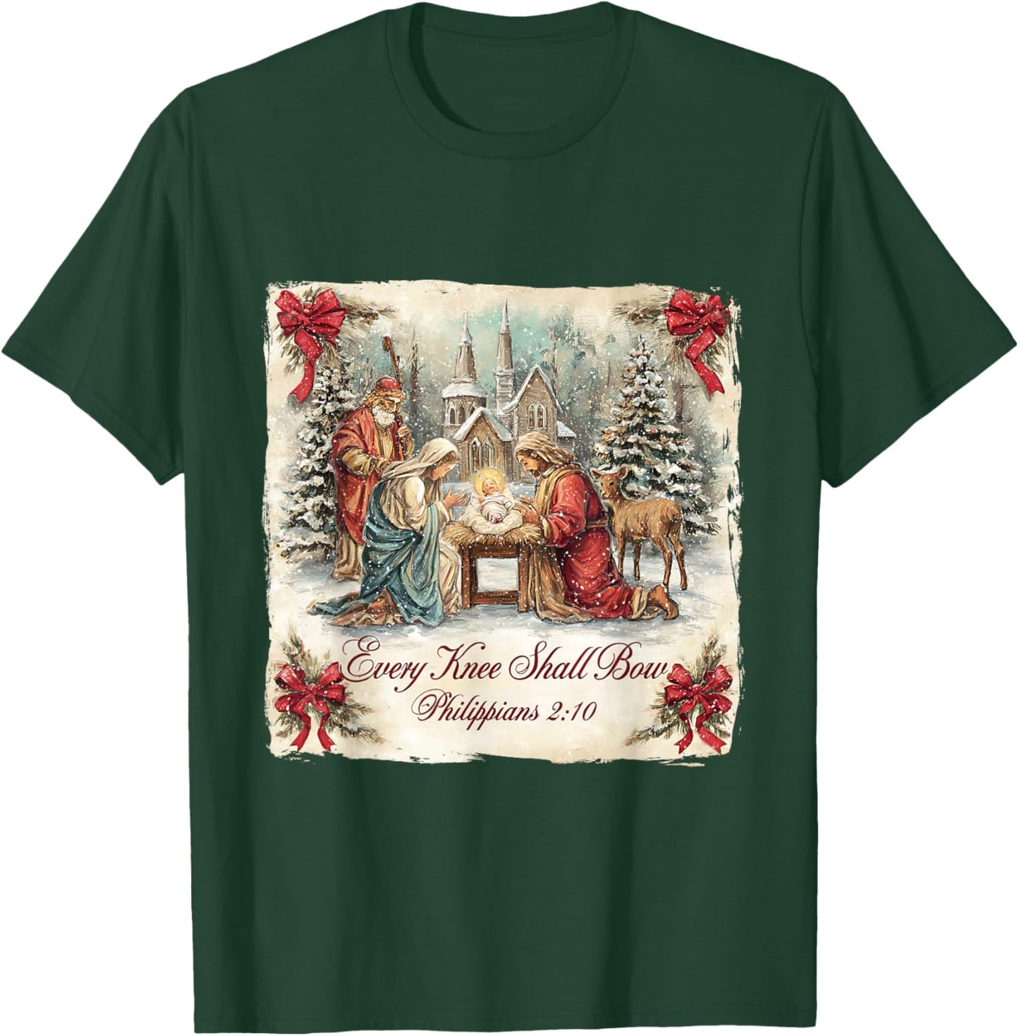 Bow Santa Christmas Nativity Scene Every Knee Shall Xmas T-Shirt - T-Shirt | Forest