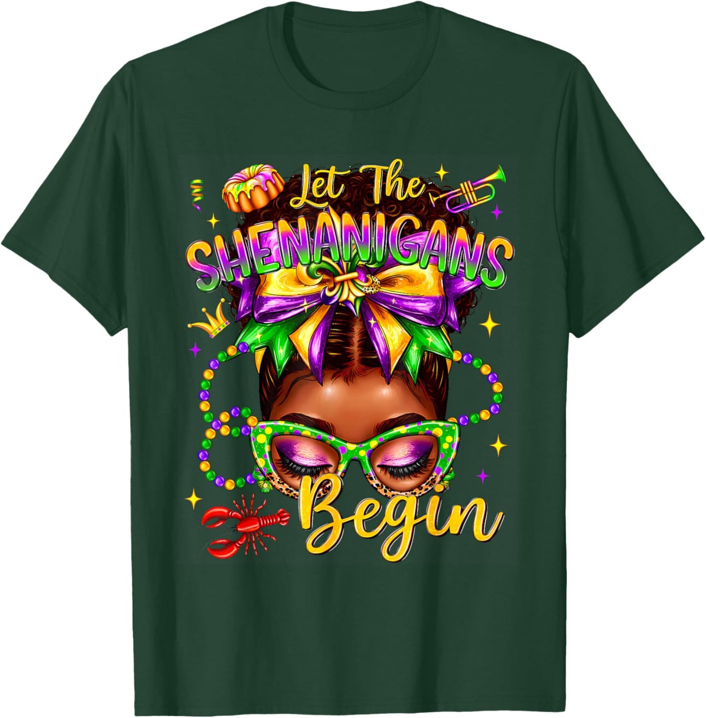 Afro Messy Bun Women Let The Shenanigans Begin Mardi Gras T-Shirt - T-Shirt | Forest