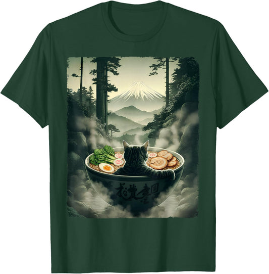 Cat Ramen Mount Fuji Zen Aesthetic Funny Japanese Graphic T-Shirt - T-Shirt | Forest