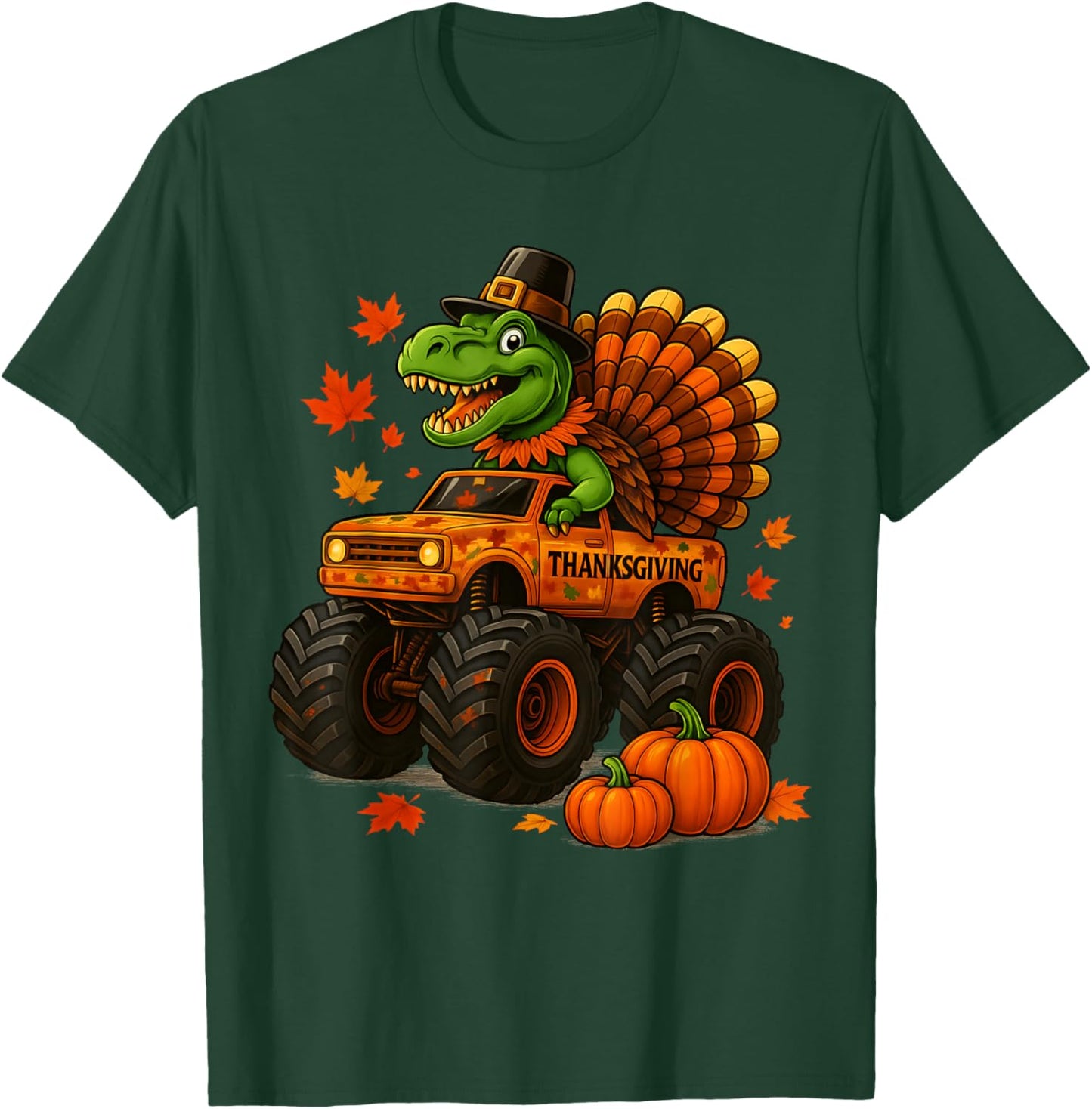 Monster Truck Trex Dinosaur Turkey Fall Thanksgiving Boy Kid T-Shirt - T-Shirt | Forest