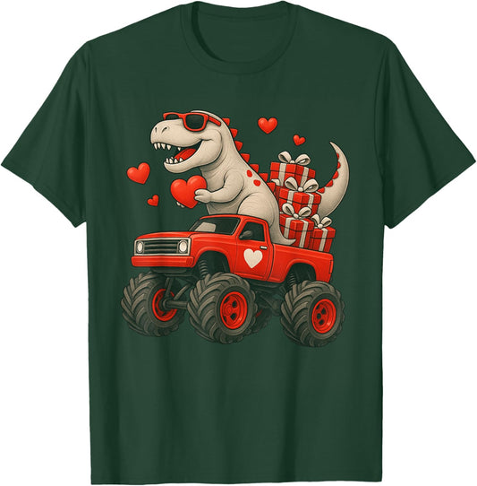Valentines Day T Rex Riding Monster Truck Funny Toddler Boys T-Shirt - T-Shirt | Forest