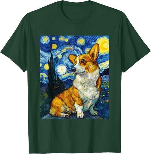 Welsh Corgi Dog Van Gogh Starry Night Graphic T-Shirt - T-Shirt | Forest