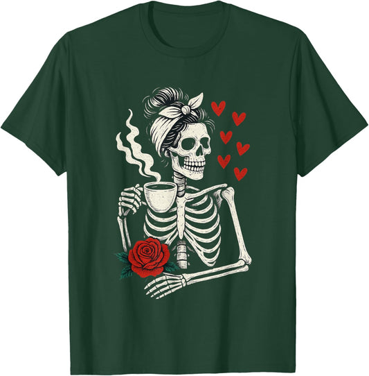 Valentines Day Woman Skeleton Messy Bun Coffee Funny Women T-Shirt - T-Shirt | Forest