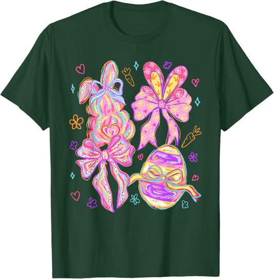 Happy Easter Coquette Bunny Bow Egg Women Girls Kids T-Shirt - T-Shirt | Forest