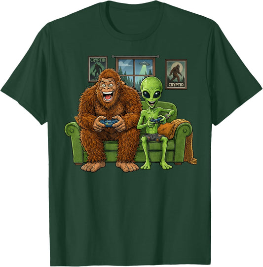 Funny Sasquatch Bigfoot Alien Video Games Men Boys Gaming T-Shirt - T-Shirt | Forest