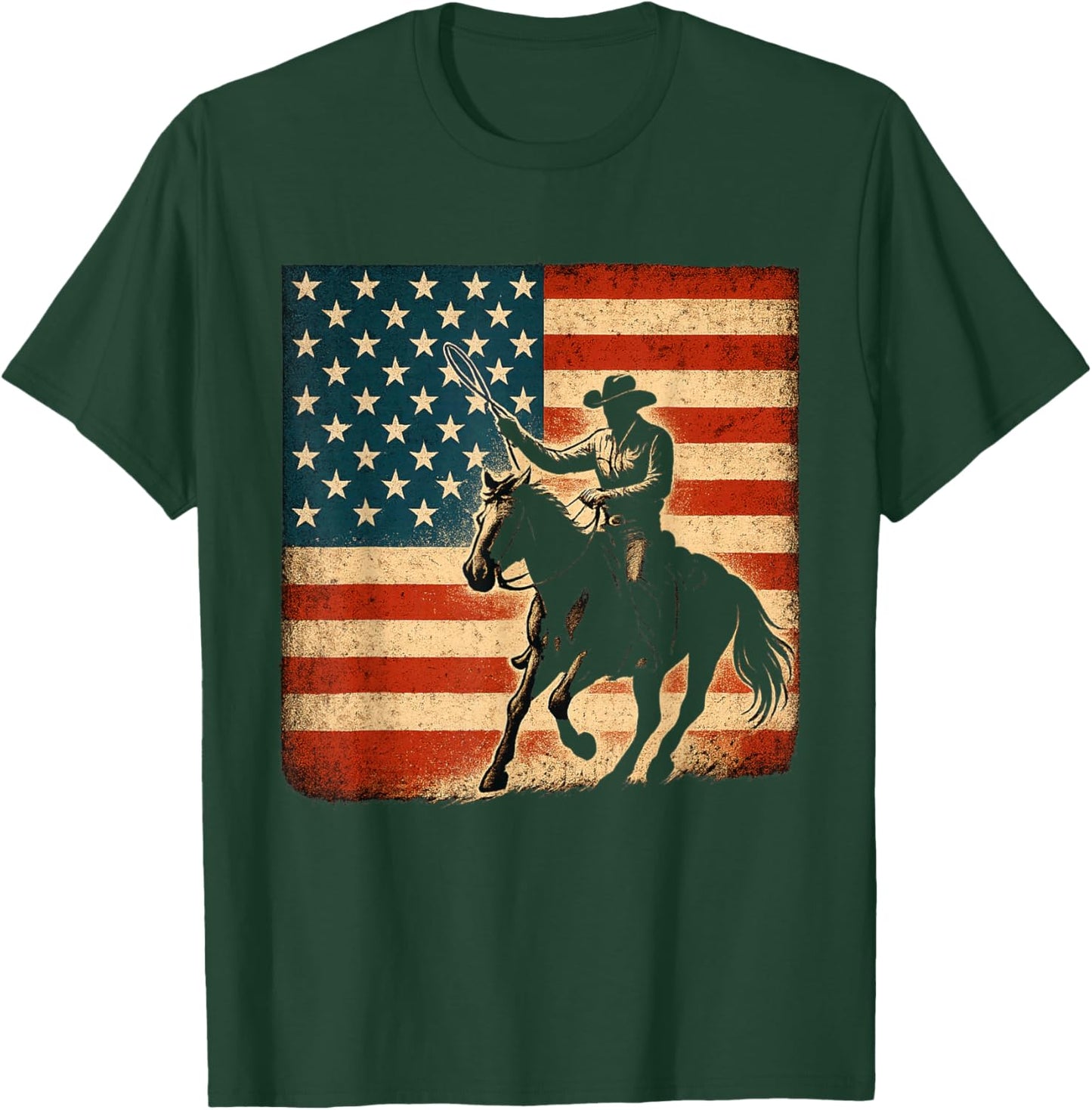 Rodeo Cowboy Western Country Horse USA Flag 4th of July T-Shirt - T-Shirt | Forest