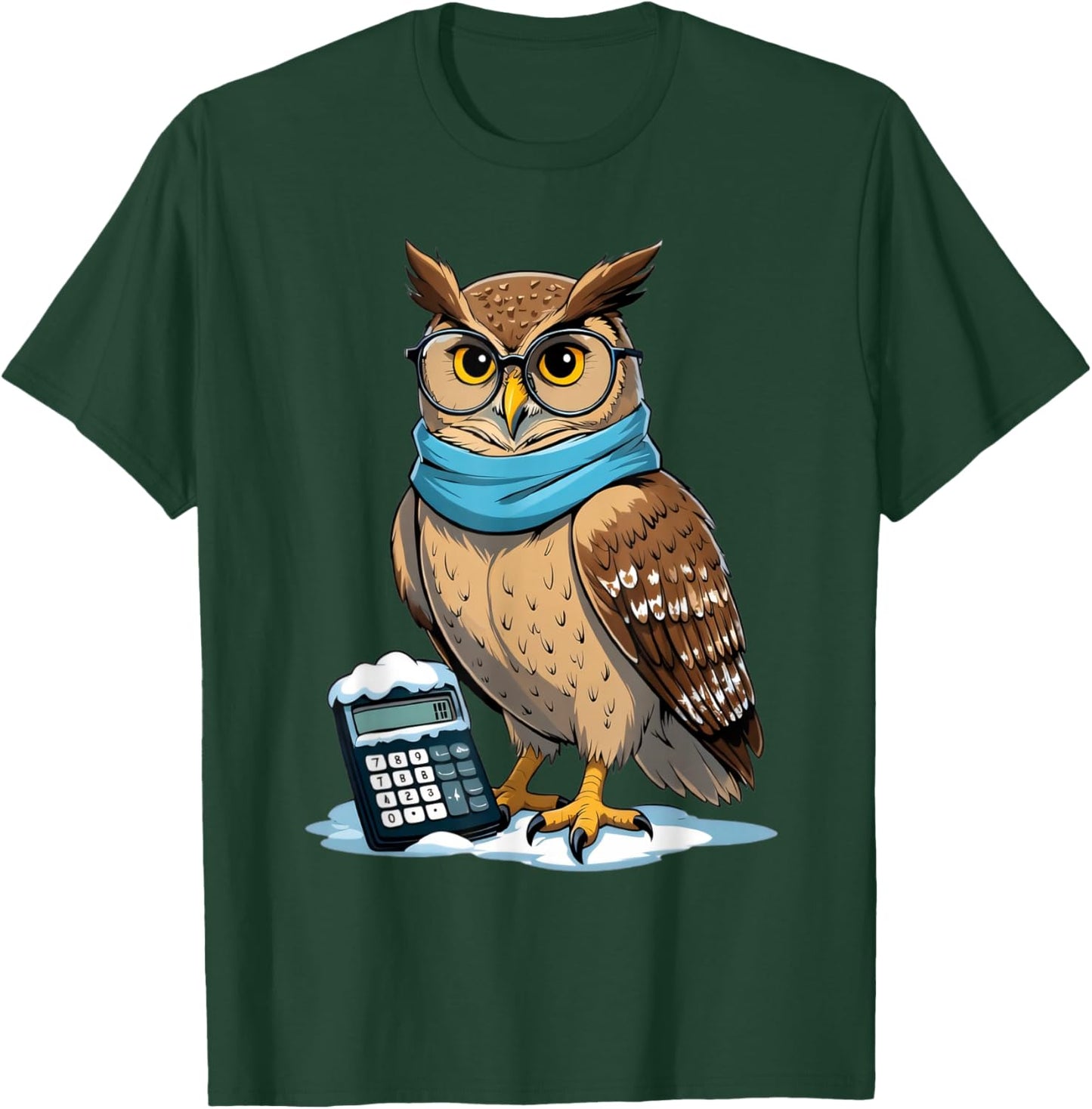 Cartoon Owl with Glasses and Calculator in Snow T-Shirt - T-Shirt | Forest