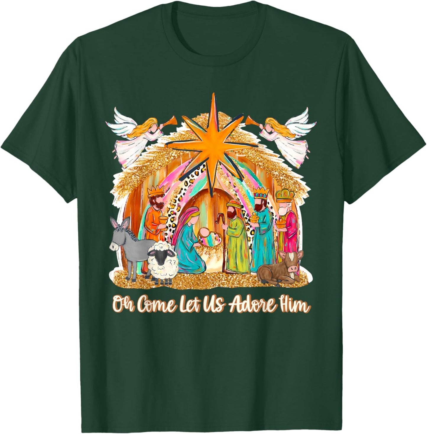Oh Come Let Us Adore Him Jesus Christmas Christian Holiday T-Shirt - T-Shirt | Forest