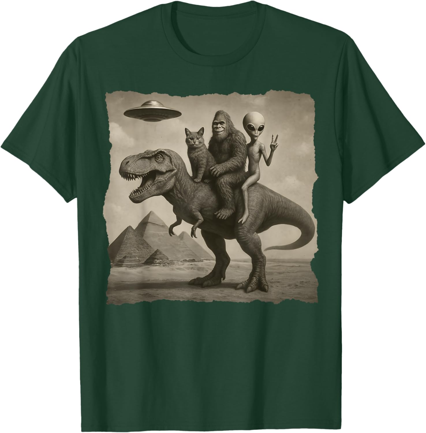 Cat with Alien and Bigfoot Riding a T-Rex at Giza Pyramids T-Shirt - T-Shirt | Forest