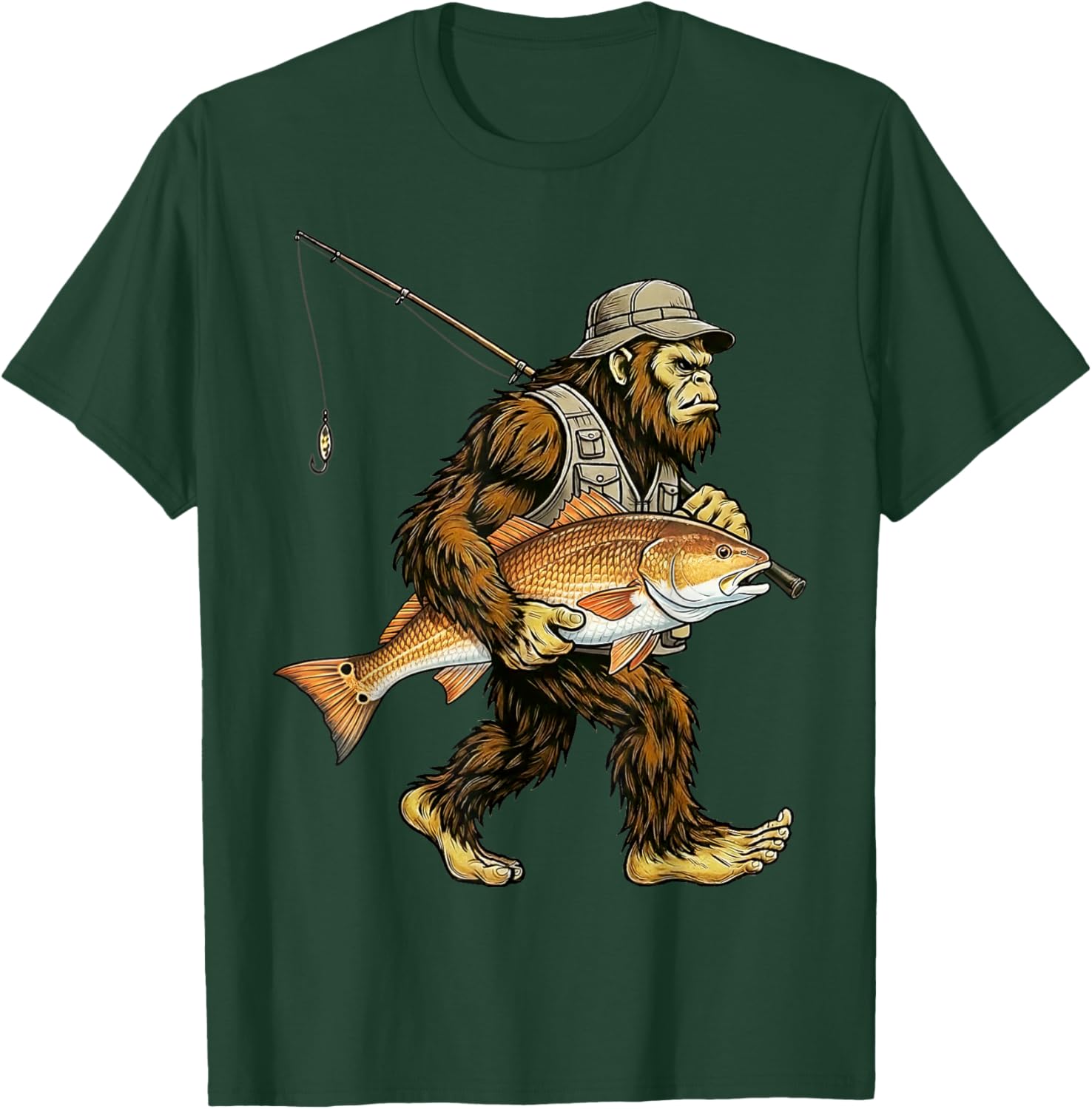 Redfish Bigfoot Fisherman Saltwater Fishing Sasquatch T-Shirt - T-Shirt | Forest