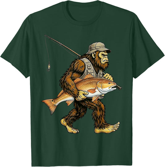 Redfish Bigfoot Fisherman Saltwater Fishing Sasquatch T-Shirt - T-Shirt | Forest