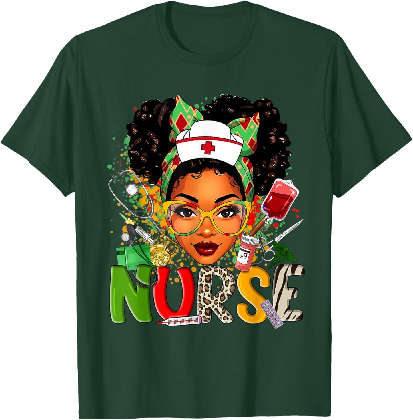 African American Nurse Messy Bun Hair Black History Month T-Shirt - T-Shirt | Forest