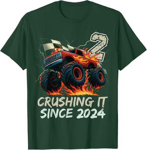 Birthday Monster Truck 2 Year Old Boys 2nd Party Born 2024 T-Shirt - T-Shirt | Forest