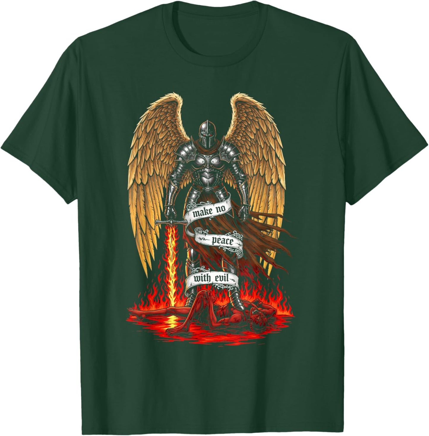 Archangel Michael Faith Design Make No Peace with Evil T-Shirt - T-Shirt | Forest